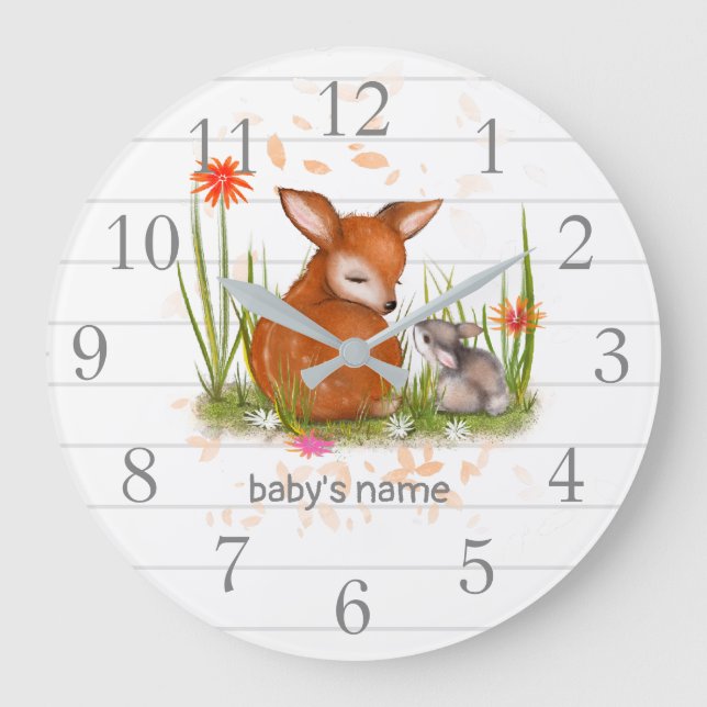 White Grey Deer Bunny Nursery Decor Wall Clock (Front)
