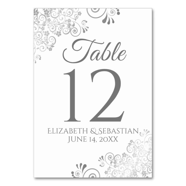 White & Grey Elegant Filigree Wedding Table Number (Front)