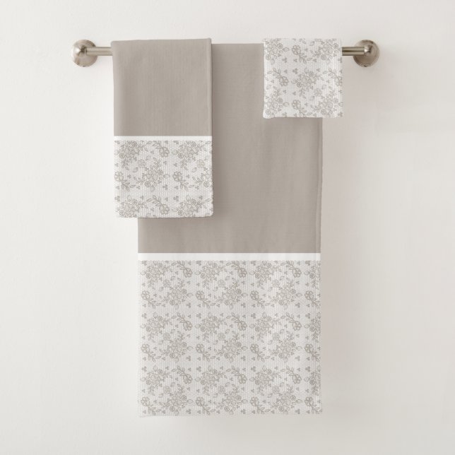 White & Grey Floral Lace Bath Towel Set (Insitu)
