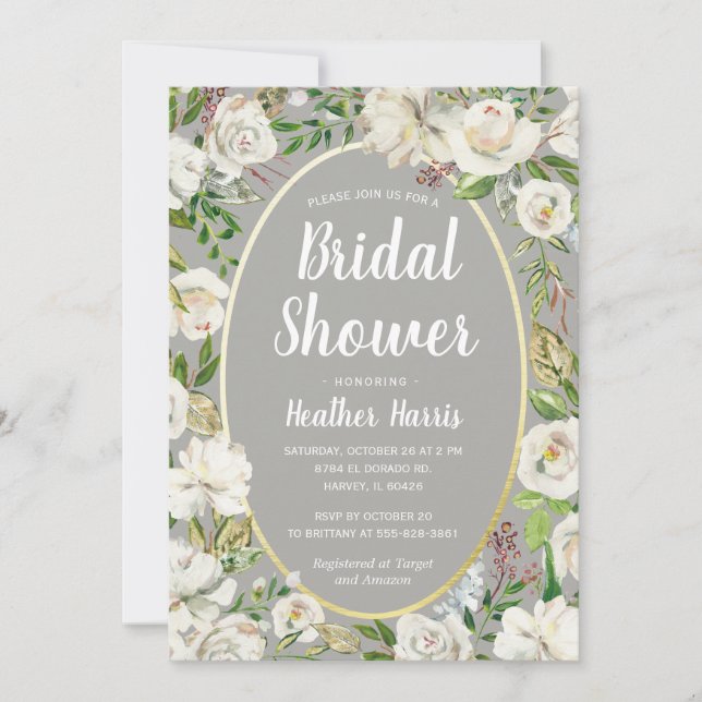 White Grey Floral Wreath Garden Bridal Shower Tea Invitation (Front)
