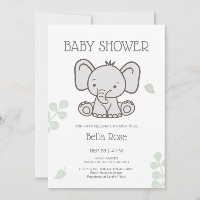 White Grey Gender Neutral Elephant Baby Shower  Invitation (Front)
