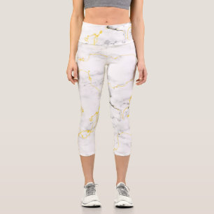 White grey gold foil marble pattern capri leggings