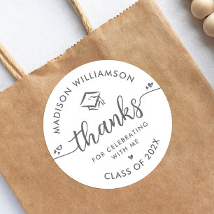 White Grey Graduation Modern Thank You Script Cap Classic Round Sticker