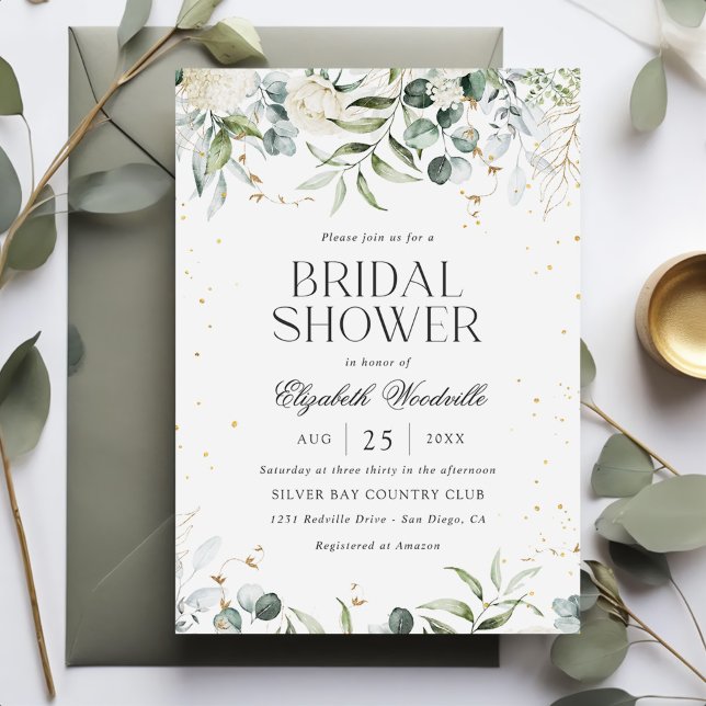 White Grey Green Floral Bridal Shower Invitation (Creator Uploaded)
