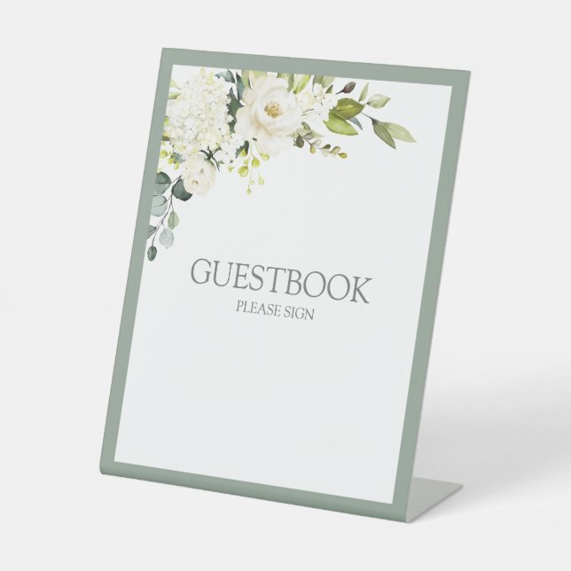 White Grey Green Floral Watercolor Guestbook Pedestal Sign (Front)