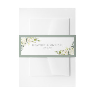 White Grey Green Floral Watercolor Wedding Invitat Invitation Belly Band