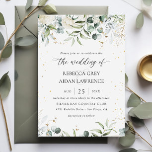 White Grey Green Floral Watercolor Wedding Invitation