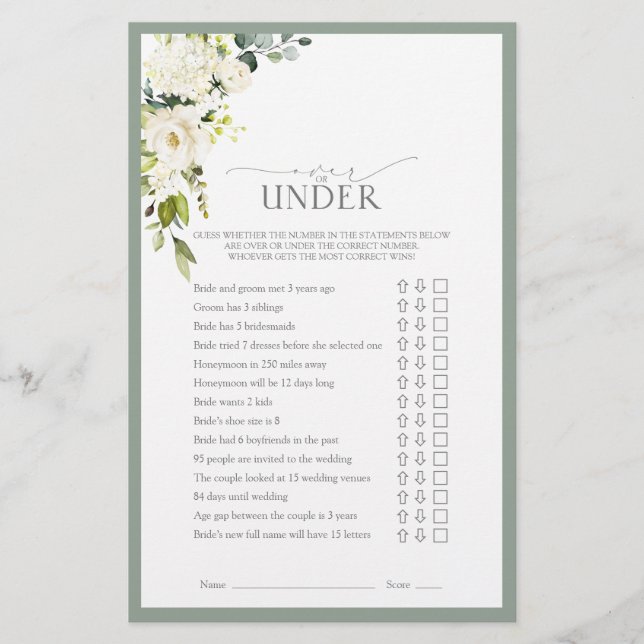 White Grey Green Watercolor Bridal Shower Game (Front)