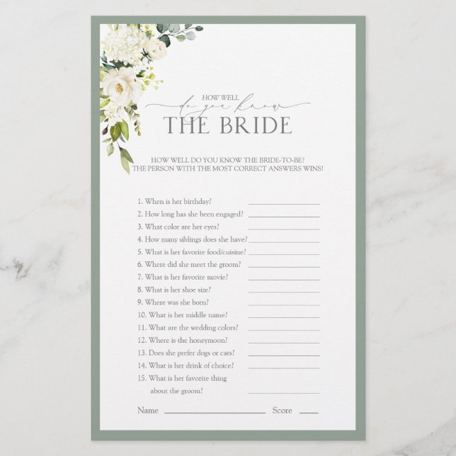 White Grey Green Watercolor Bridal Shower Game (Front)