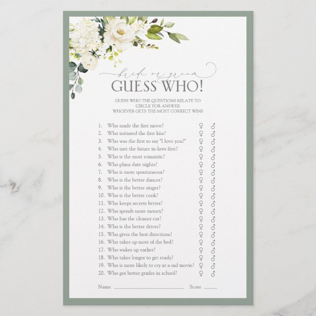 White Grey Green Watercolor Bridal Shower Game (Front)