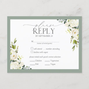 White Grey Green Watercolor Floral Wedding RSVP In Invitation Postcard