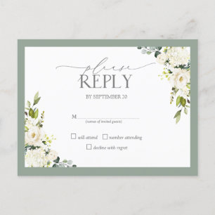 White Grey Green Watercolor Floral Wedding RSVP Invitation Postcard