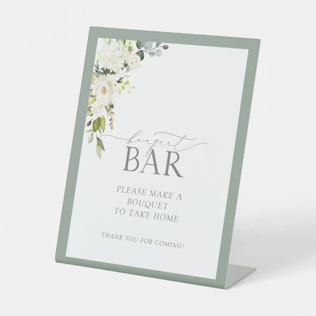 White Grey Green Watercolor Shower Bouquet Bar Pedestal Sign (Front)