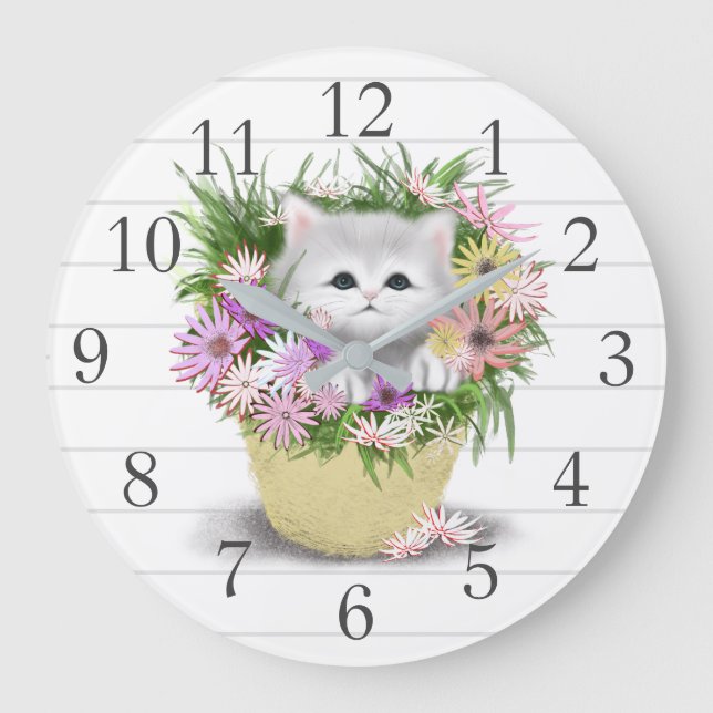 White Grey Kitten Wall Clock (Front)