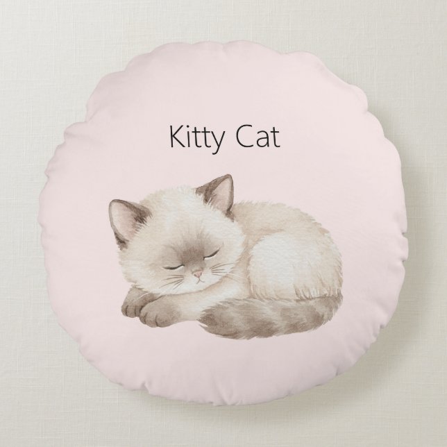 White Grey Kitty Cat Round Cushion (Front)