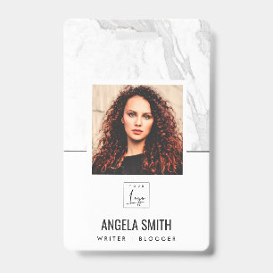 WHITE GREY MARBLE TEXTURE EMPLOYEE PHOTO BARCODE   ID BADGE