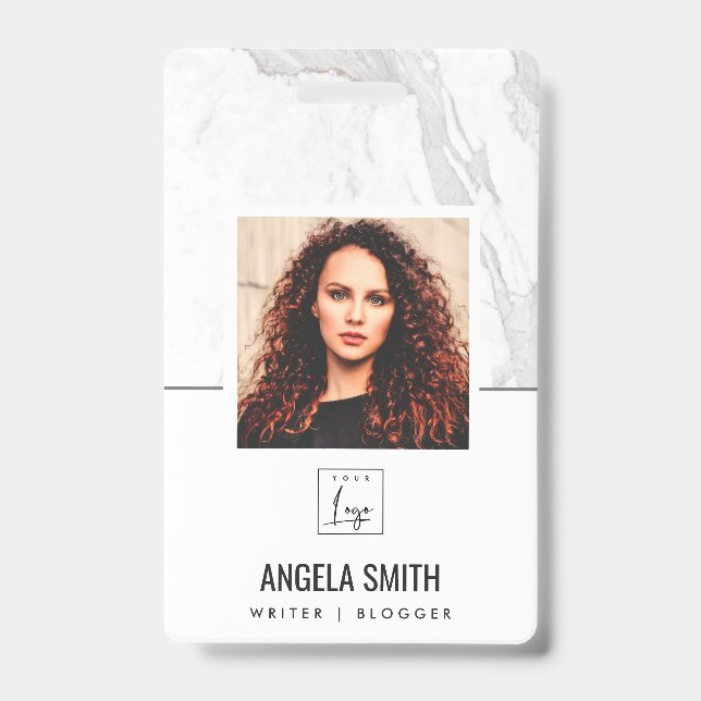 WHITE GREY MARBLE TEXTURE EMPLOYEE PHOTO BARCODE   ID BADGE (Front)
