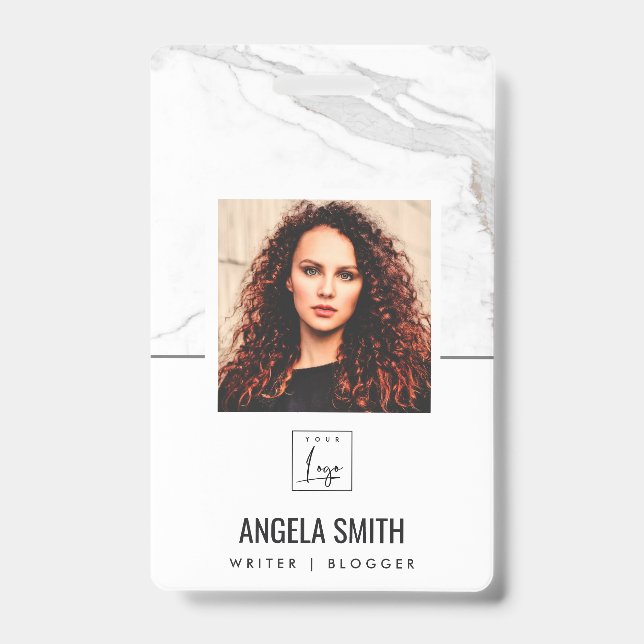 WHITE GREY MARBLE TEXTURE EMPLOYEE PHOTO BARCODE  ID BADGE (Front)