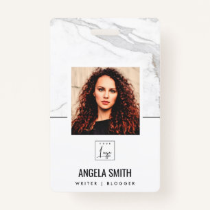WHITE GREY MARBLE TEXTURE EMPLOYEE PHOTO BARCODE ID BADGE