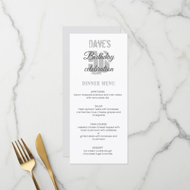 White Grey Minimalist 50th Any Birthday Party  Menu (Front/Back In Situ)