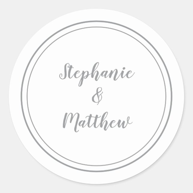 White & Grey Minimalist Wedding Bride Groom Favour Classic Round Sticker (Front)