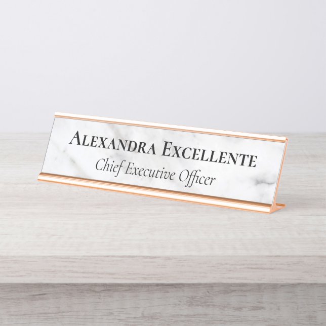 White Grey Modern Marble Minimalist Custom Desk Name Plate (Front)