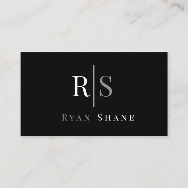 White & Grey Monogram & Name, Black & Silver Business Card (Front)