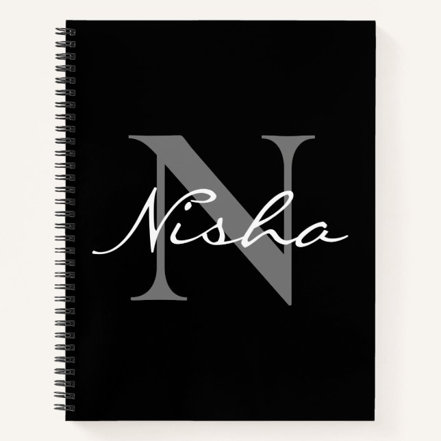 White Grey Monogram Name Notebook (Front)