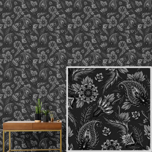 White Grey on Black  Floral Paisley Elegant  Wallpaper