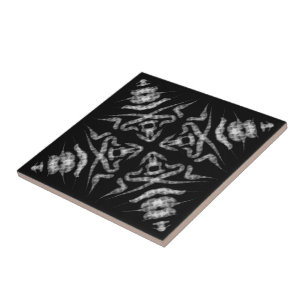 White Grey On Black Salty Watercolor Abstract Art Tile