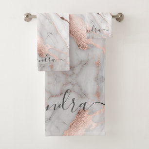 White Grey Pink Rose Gold Marble Elegant Modern Bath Towel Set