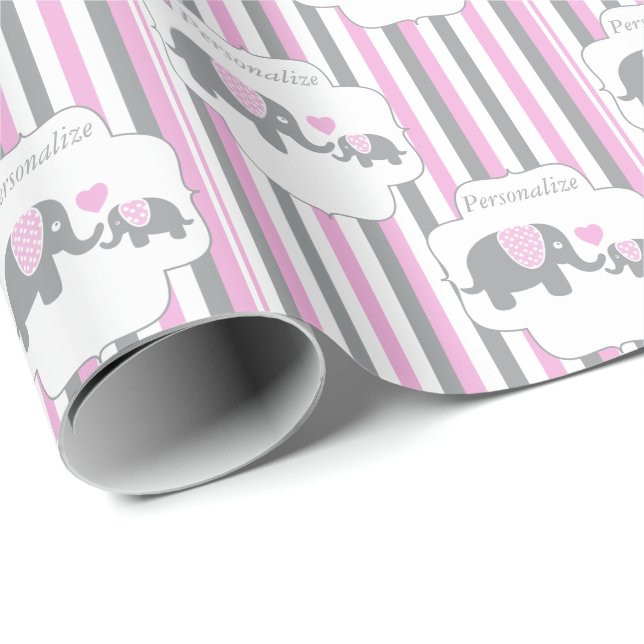 White, Grey & Pink Stripe Elephants Baby Shower Wrapping Paper (Roll Corner)