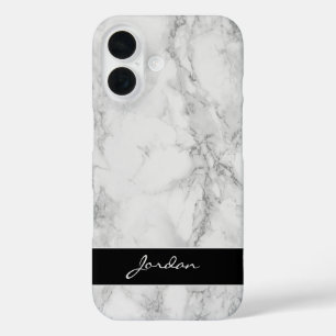 White & Grey Polished Marble Stone with Name iPhone 16 Case