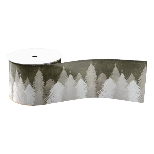 White & Grey Snow-Covered Pine Trees Chalkboard Grosgrain Ribbon (Spool)
