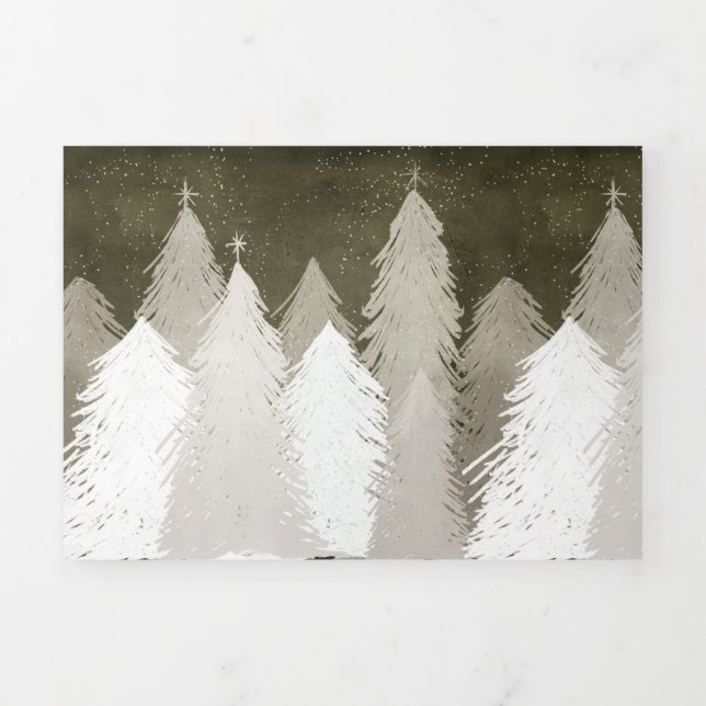 White & Grey Snow-Covered Pine Trees Chalkboard Tri-Fold Holiday Card (Cover)
