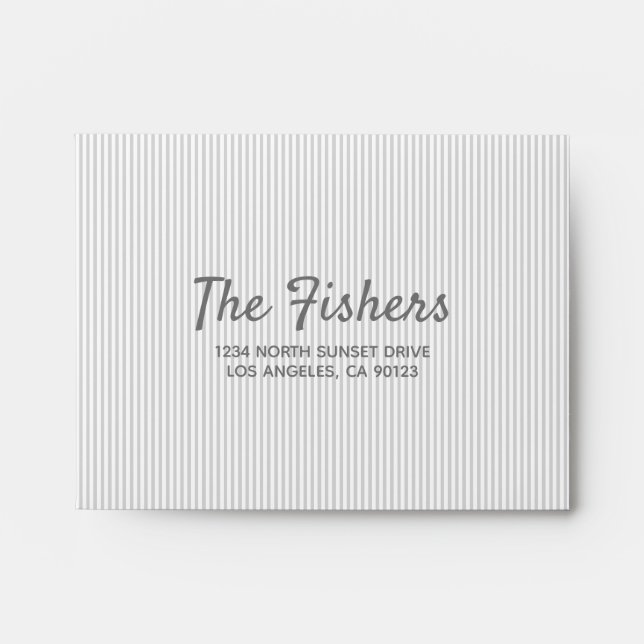 White & Grey Striped Script RSVP Return Address Envelope (Front)