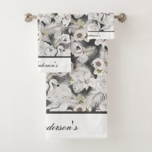 White Grey Swans Flowers Floral Elegant Stylish  Bath Towel Set