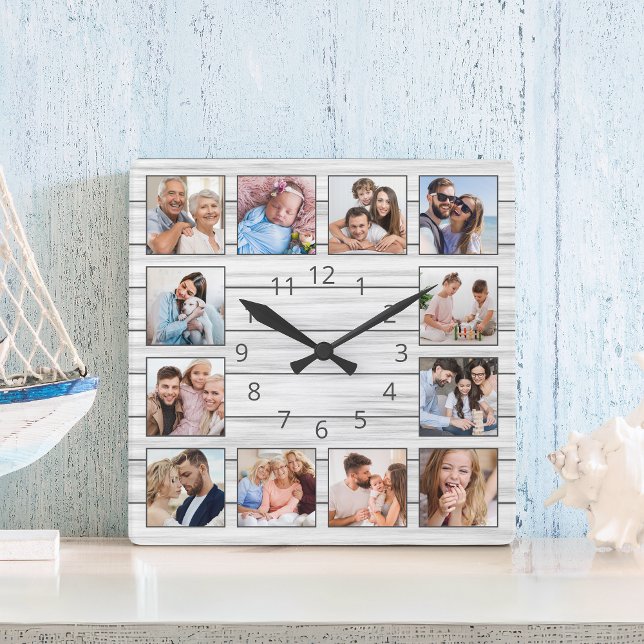 White Grey Wood Custom Photo Collage Elegant Square Wall Clock (Creator Uploaded)