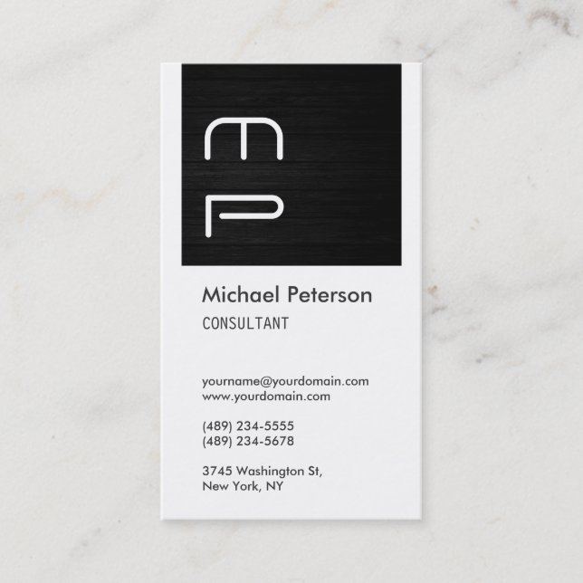 White Grey Wood Stripe Monogram Business Card (Front)