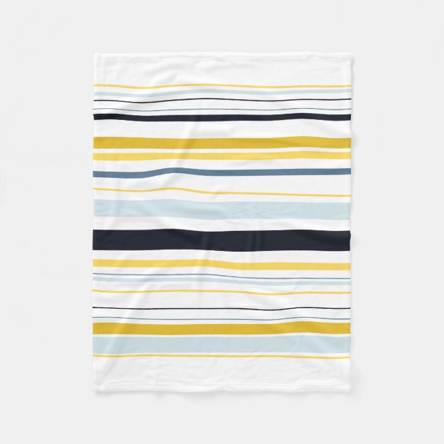 White Grey Yellow Navy Blue Stripes Fleece Blanket (Front)
