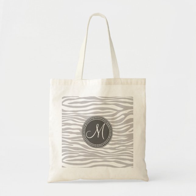 White & Grey Zebra Monogram Pattern Tote Bag (Front)