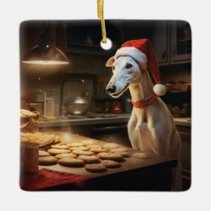 White Greyhound Christmas Cookies Festive Holiday Ceramic Ornament