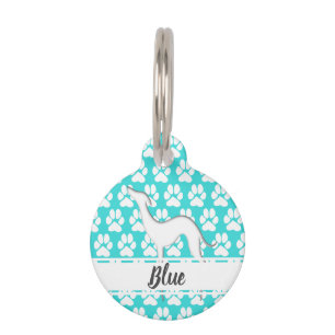 White greyhound silhouette paw prints pattern Name Pet Tag