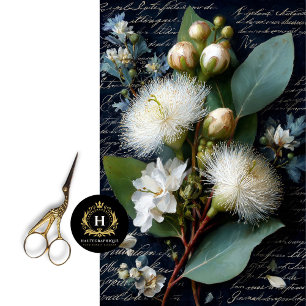 White Gumnut and Blue Green Blossom Decoupage Tissue Paper