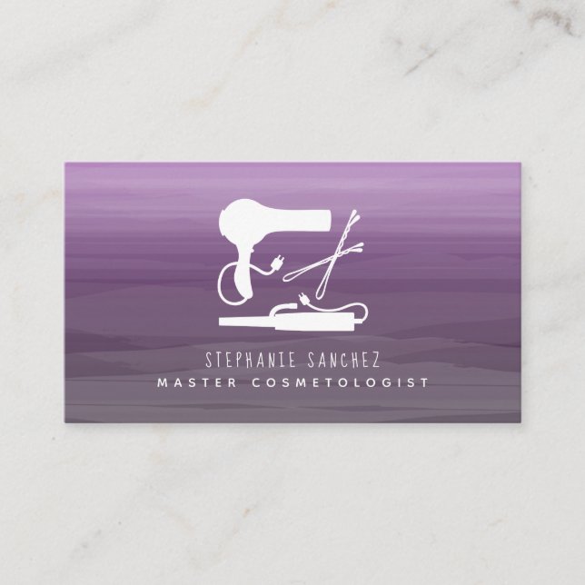 White Hair Tools Salon Cosmetologist Purple Ombre Business Card (Front)