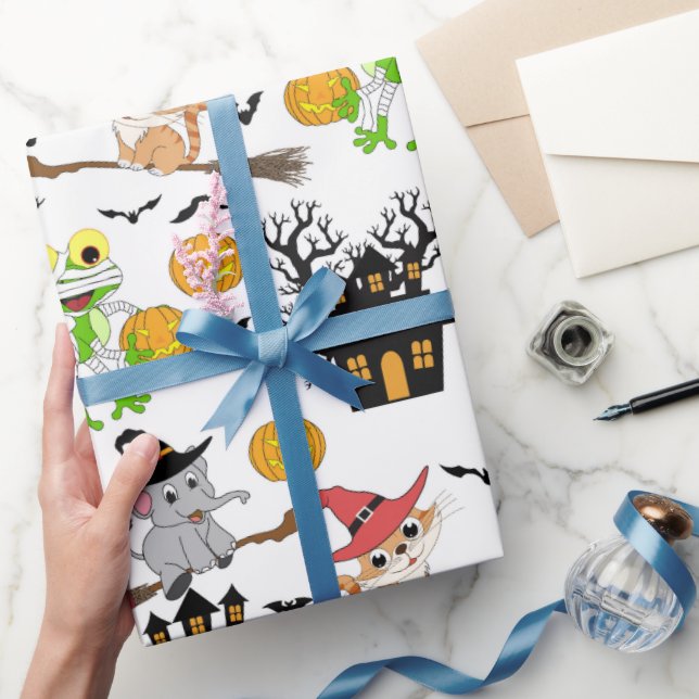 White Halloween Scene Gift Wrapping Paper Design (Gifting)