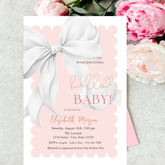 White Hand Drawn Bow Elegant Frame Pink Stripes Invitation (Creator Uploaded)