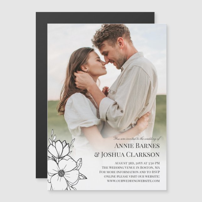 White Hand Drawn Flowers Photo Wedding Magnetic Invitation (Front/Back)