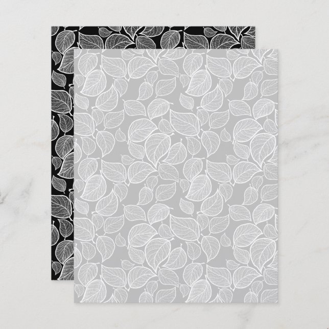 White Hand-Drawn Leaves on Silver Scrapbook Paper (Front/Back)