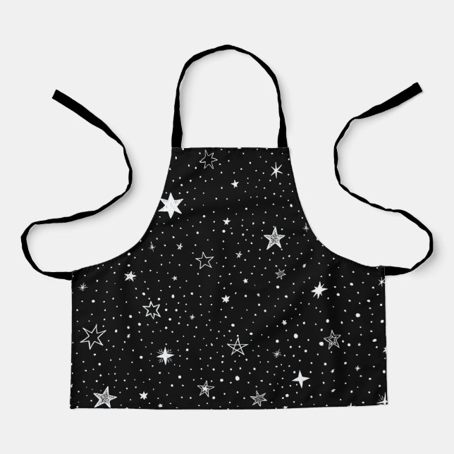White Hand Drawn Stars On Black Apron (Front)